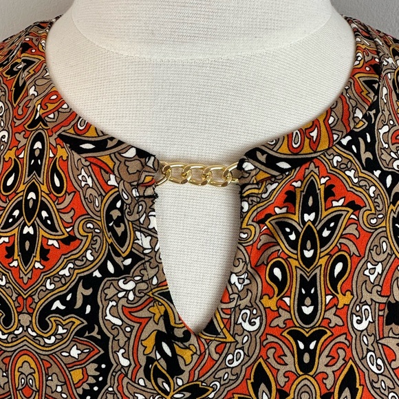 MICHAEL KORS Black, Beige & Orange Printed Gold Chain Petal Sleeve Top | Size XL - Picture 4 of 16
